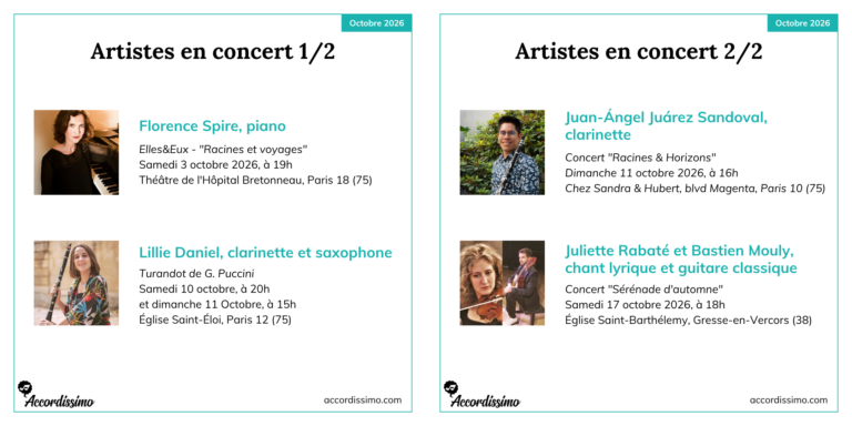Programme des concerts d’octobre 2026 des artistes Accordissimo : Florence Spire, Lillie Daniel, Juan-Ángel Juárez Sandoval, Juliette Rabaté et Bastien Mouly.