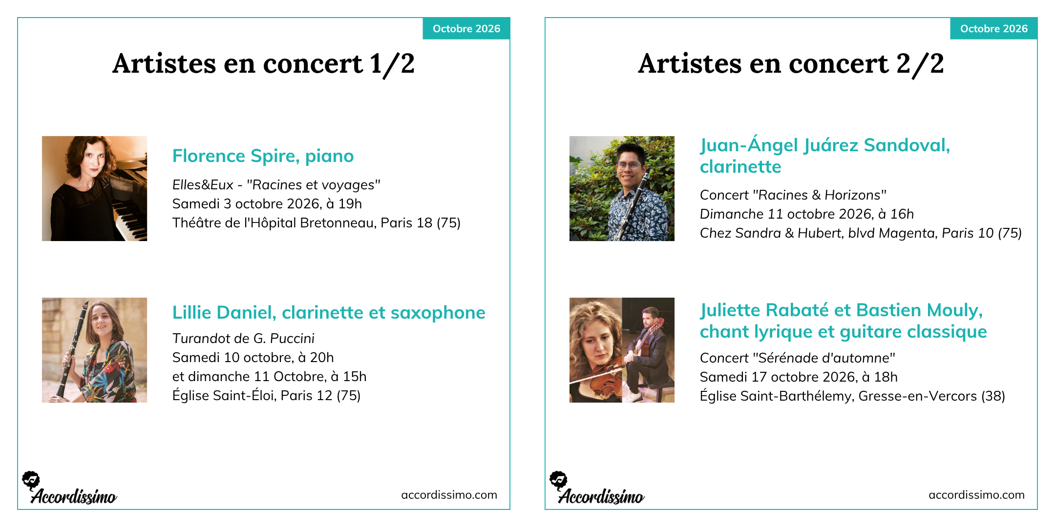 Programme des concerts d’octobre 2026 des artistes Accordissimo : Florence Spire, Lillie Daniel, Juan-Ángel Juárez Sandoval, Juliette Rabaté et Bastien Mouly.