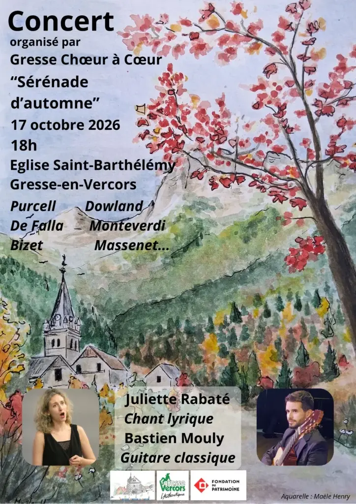 Peinture du village de Lans-En-Vercors, avec au sommet l'église Saint-Barthélemy, photos des musiciens 