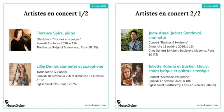 Programme des concerts d’octobre 2026 des artistes Accordissimo : Florence Spire, Lillie Daniel, Juan-Ángel Juárez Sandoval, Juliette Rabaté et Bastien Mouly.