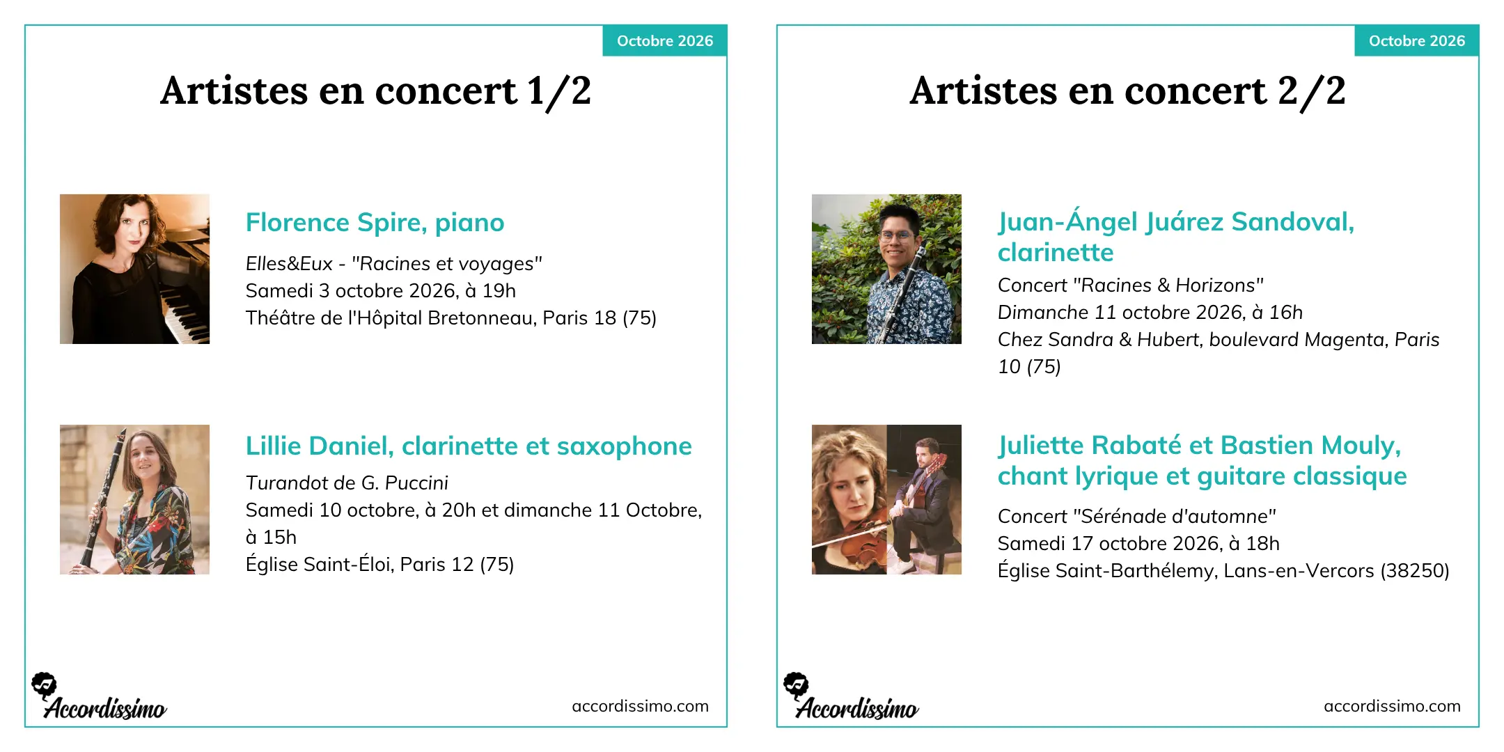 Programme des concerts d’octobre 2026 des artistes Accordissimo : Florence Spire, Lillie Daniel, Juan-Ángel Juárez Sandoval, Juliette Rabaté et Bastien Mouly.